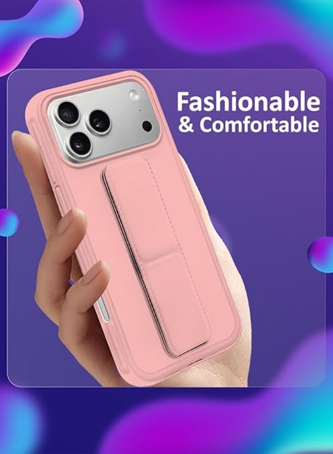 Case for iPhone 17 Pro Back Stand Case Magnetic Grip Car Holder Soft Silicone Kickstand Cover Wrist Strap Full protection Anti-Fingerprint Case for iPhone 17 Pro Pink - Image 4